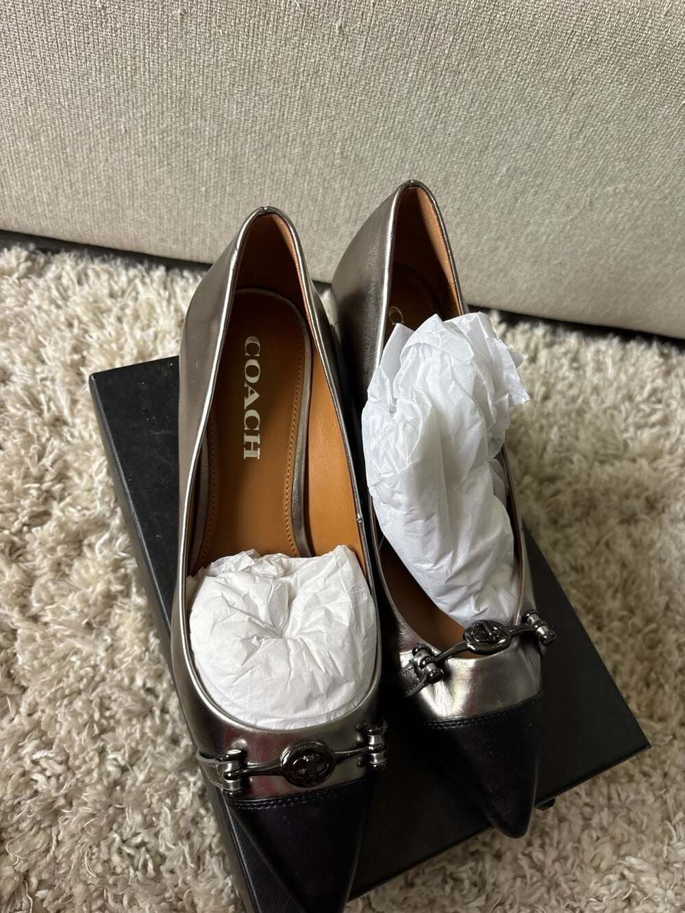 Coach Lauri Gunmetal Metallic and Black Leather Pointed-Toe Kitten Pumps - Picture 2 of 4